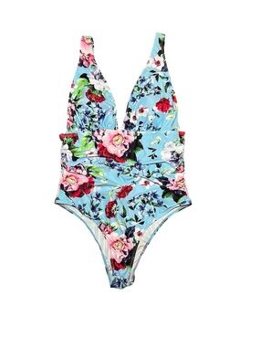 Floral V-neck Ruched Waist One Piece Swim Suit